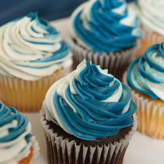 Chocolate and vanilla cupcakes decorated with blue and white swirled frosting, arranged on a white serving platter.
