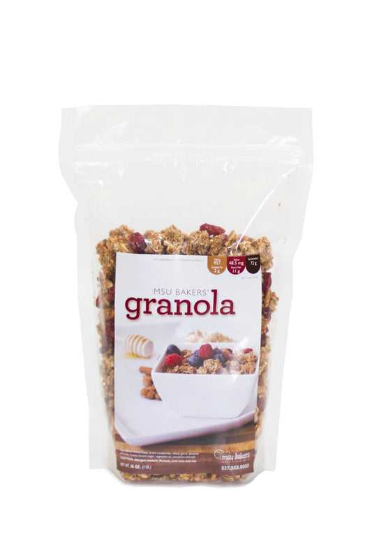 A clear resealable bag of MSU Bakers granola with dried fruit, displayed against a white background.