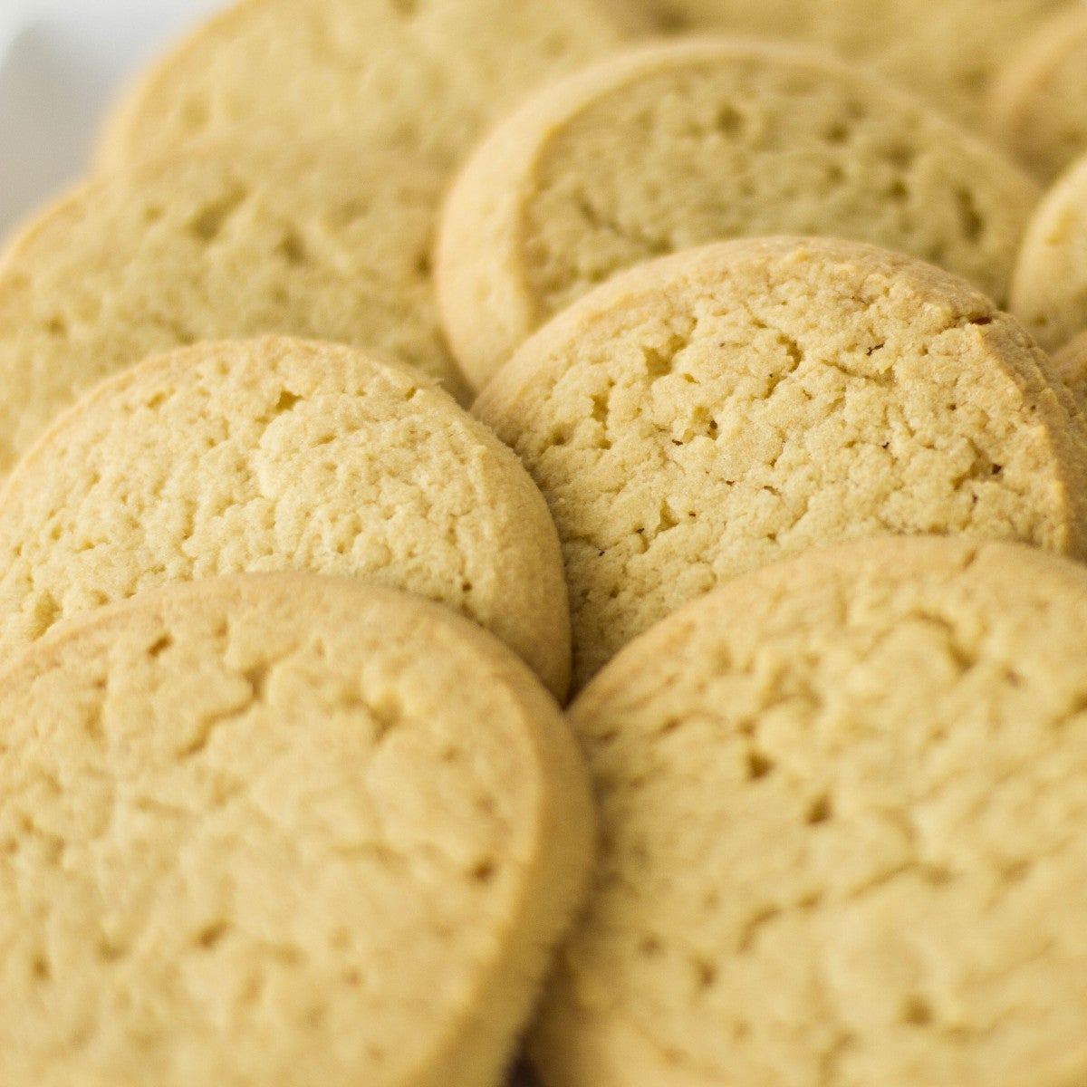 A close-up of plain round sugar cookies with a golden, slightly crackled surface arranged together.